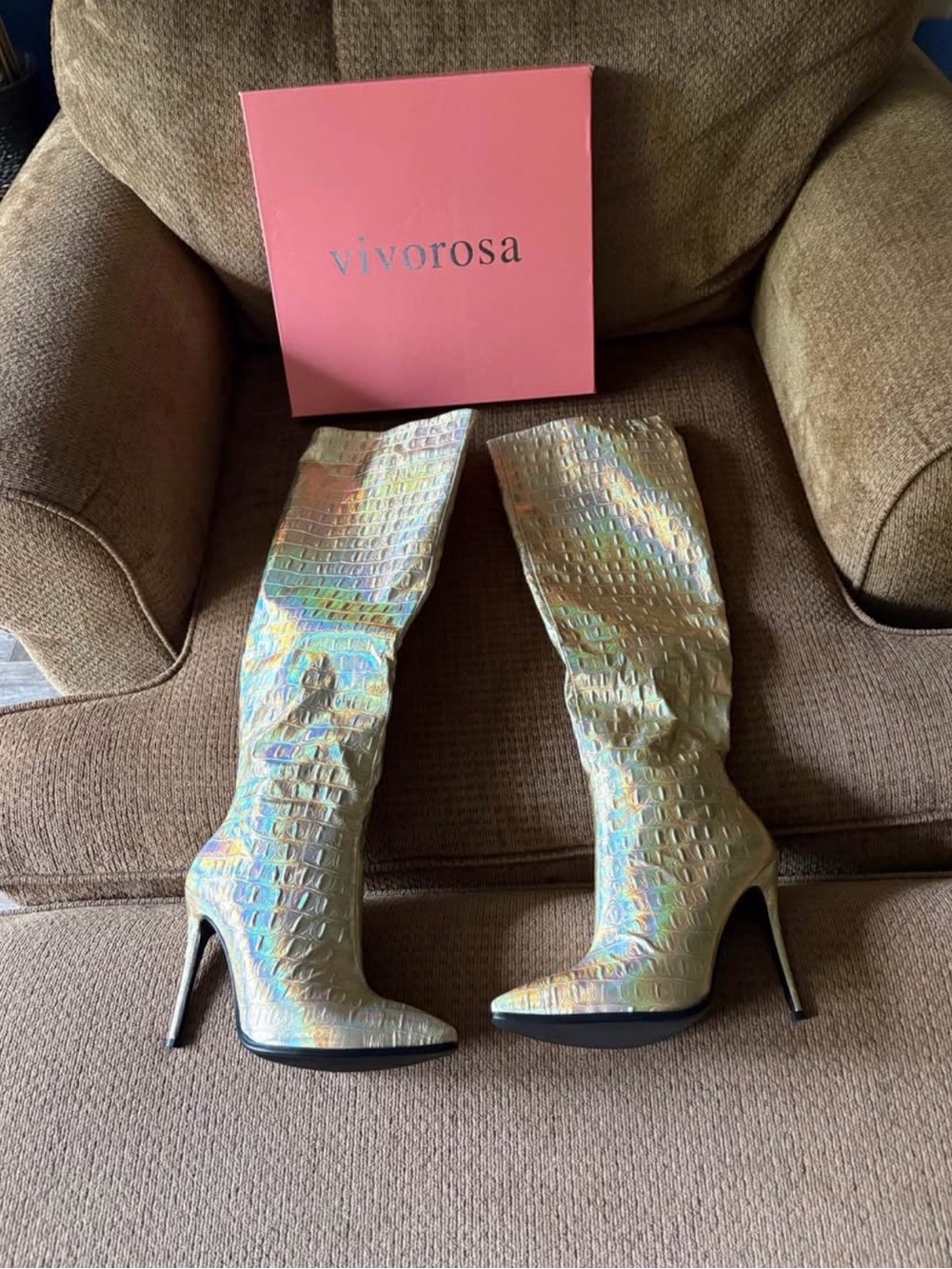 Iridescent Over-the-Knee Stiletto Boots in Holographic Gold VivoRosa 39